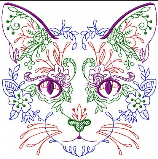 Floral cat face embroidery design, wildflower cat machine embroidery file, plant animal stitch art, machine embroidery file, instant download